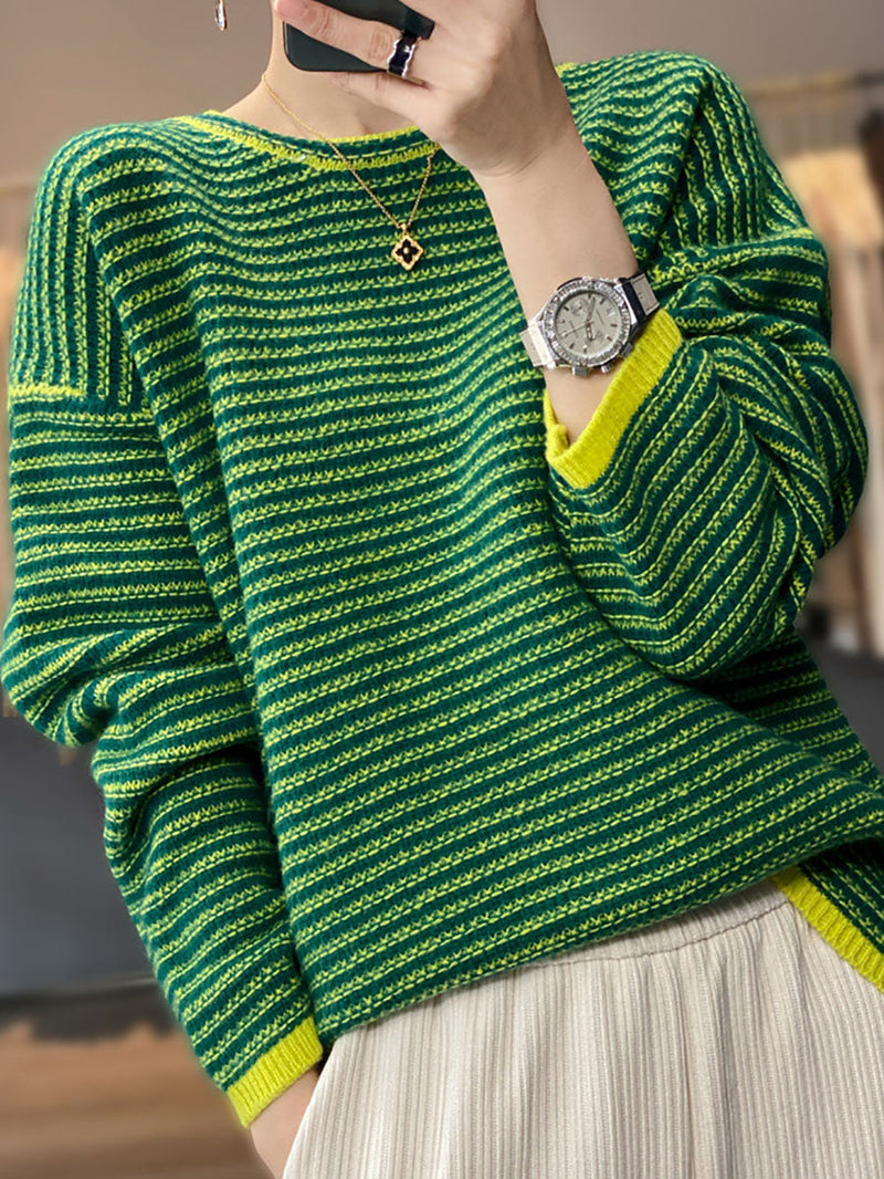 Autumn Stripe O-neck Wool Knit Sweater At1012