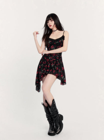 Print Gothic Mini Dress With Asymmetric Hem