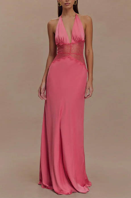 Halter Patchwork Backless Maxi Dress