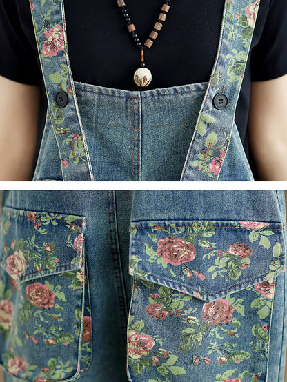 Summer Retro Flower Spliced Denim Jumpsuits Zz1021