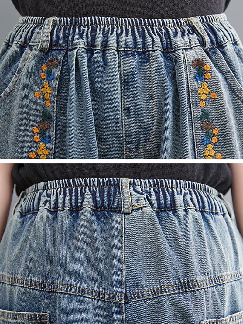 Artsy Embroidery Frayed Denim Harem Pants Fd006