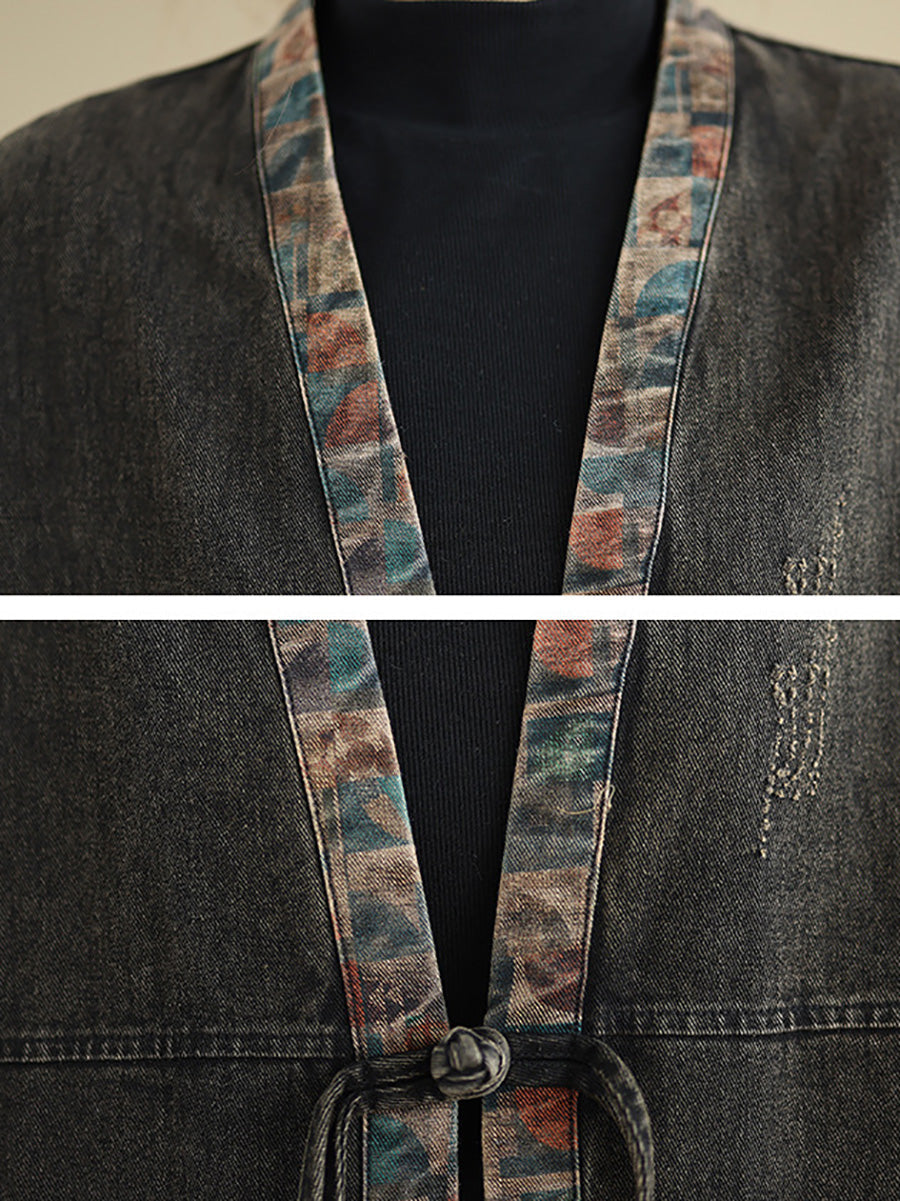 Autumn Worn Patch Colorblock Denim Coat Ah1067