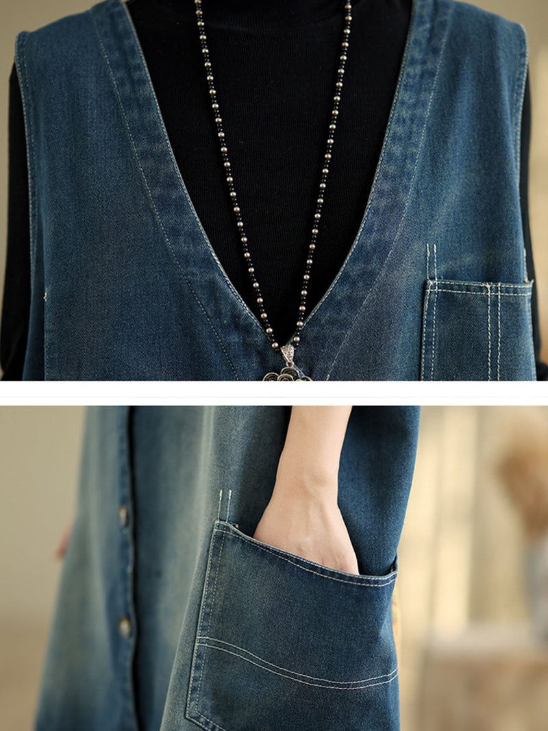 Summer Spliced V-neck Button-up Denim Vest Coat At1007