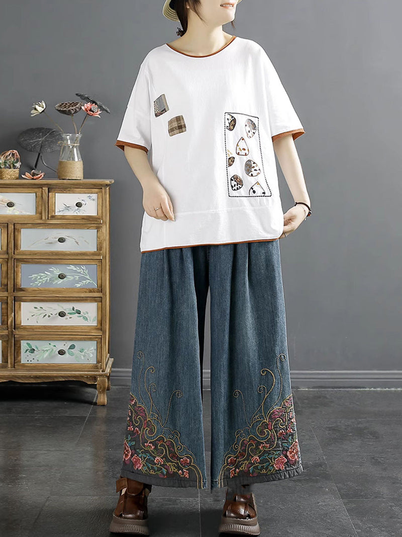 Summer Embroidery Wide-leg Denim Pants Co1050