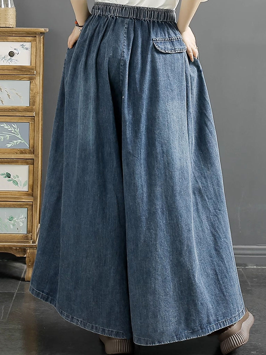 Summer Artsy Flower Embroidery Wide-leg Denim Pants Co1043