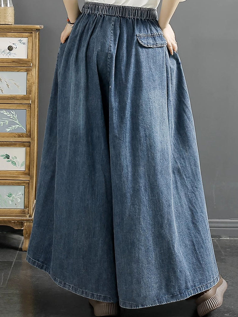 Summer Artsy Flower Embroidery Wide-leg Denim Pants Co1043