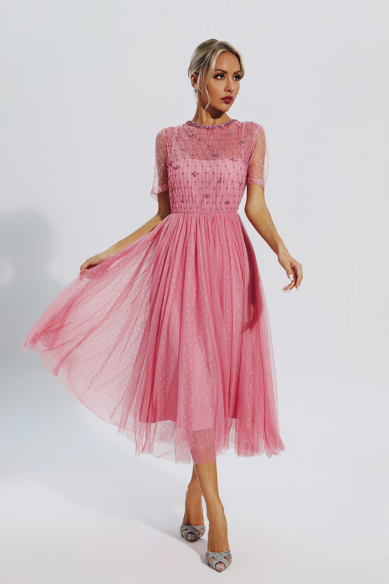 Clementine Pink Mesh Diamond Midi Dress