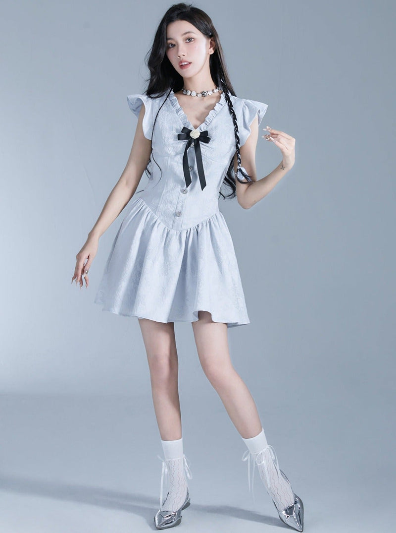 Sweet Lolita Flutter Sleeve Mini Dress With Bow Detail