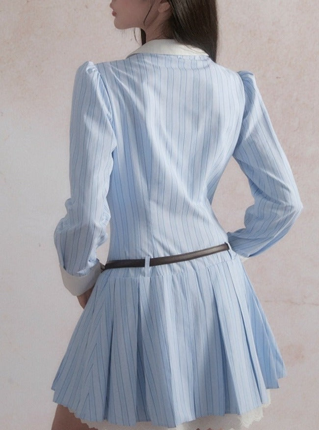 -inspired Ruffled Chambray Mini Dress With Belt