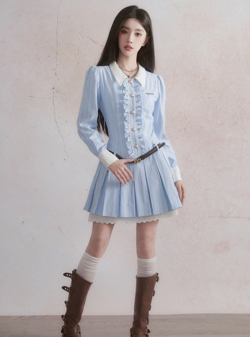 -inspired Ruffled Chambray Mini Dress With Belt