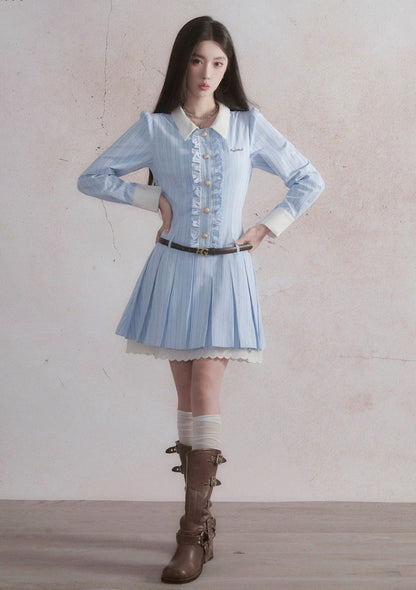 -inspired Ruffled Chambray Mini Dress With Belt