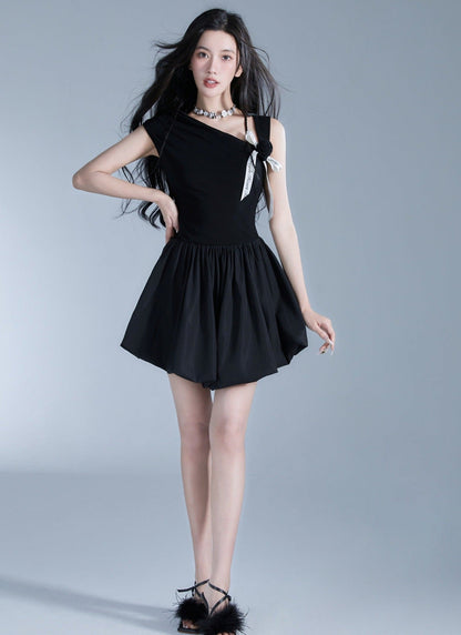 Off-shoulder Black Mini Dress With Contrast Bow Detail