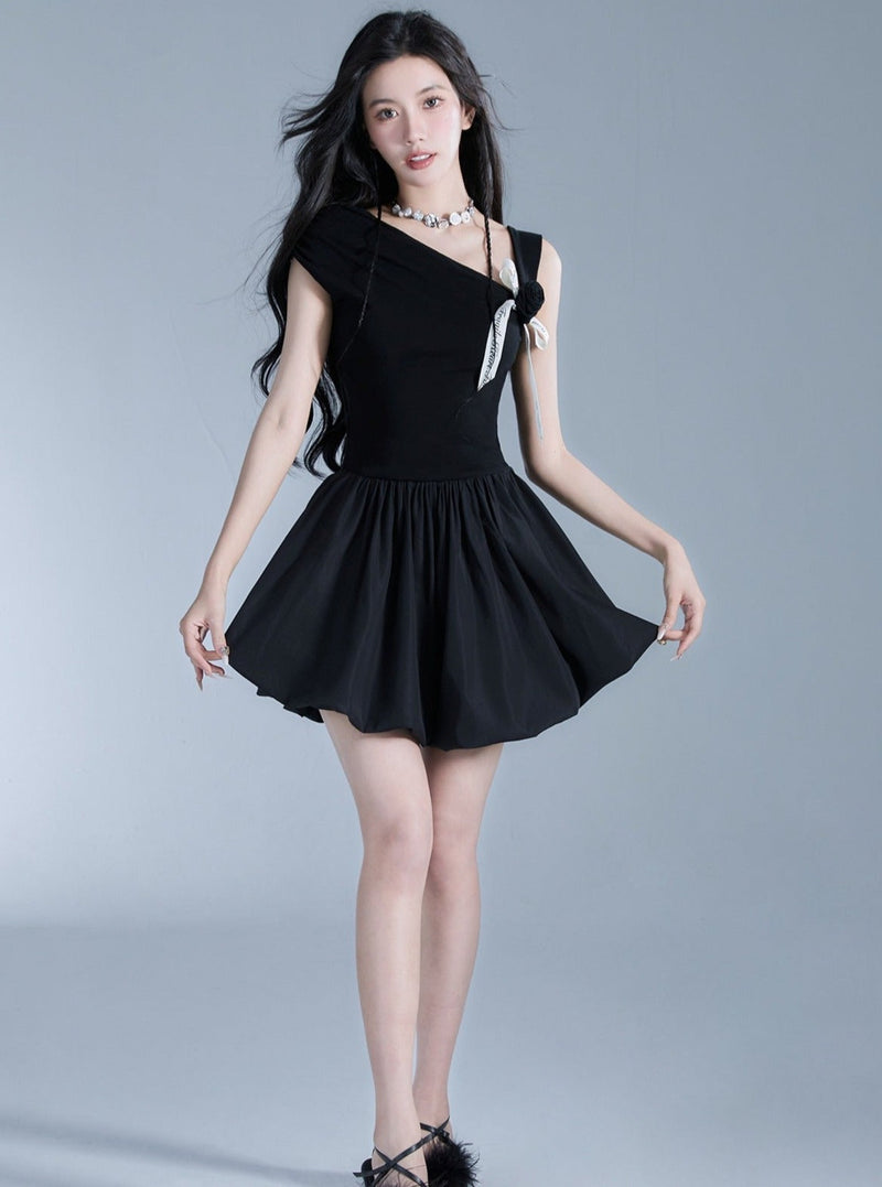Off-shoulder Black Mini Dress With Contrast Bow Detail