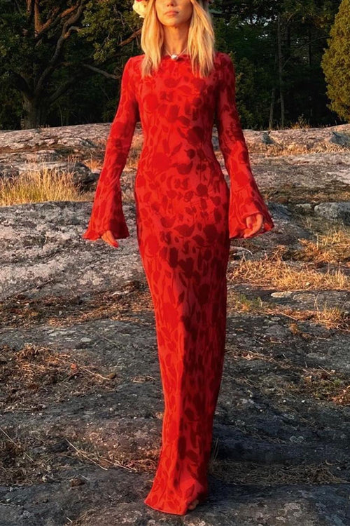 Bell Long Sleeves Print Maxi Dress