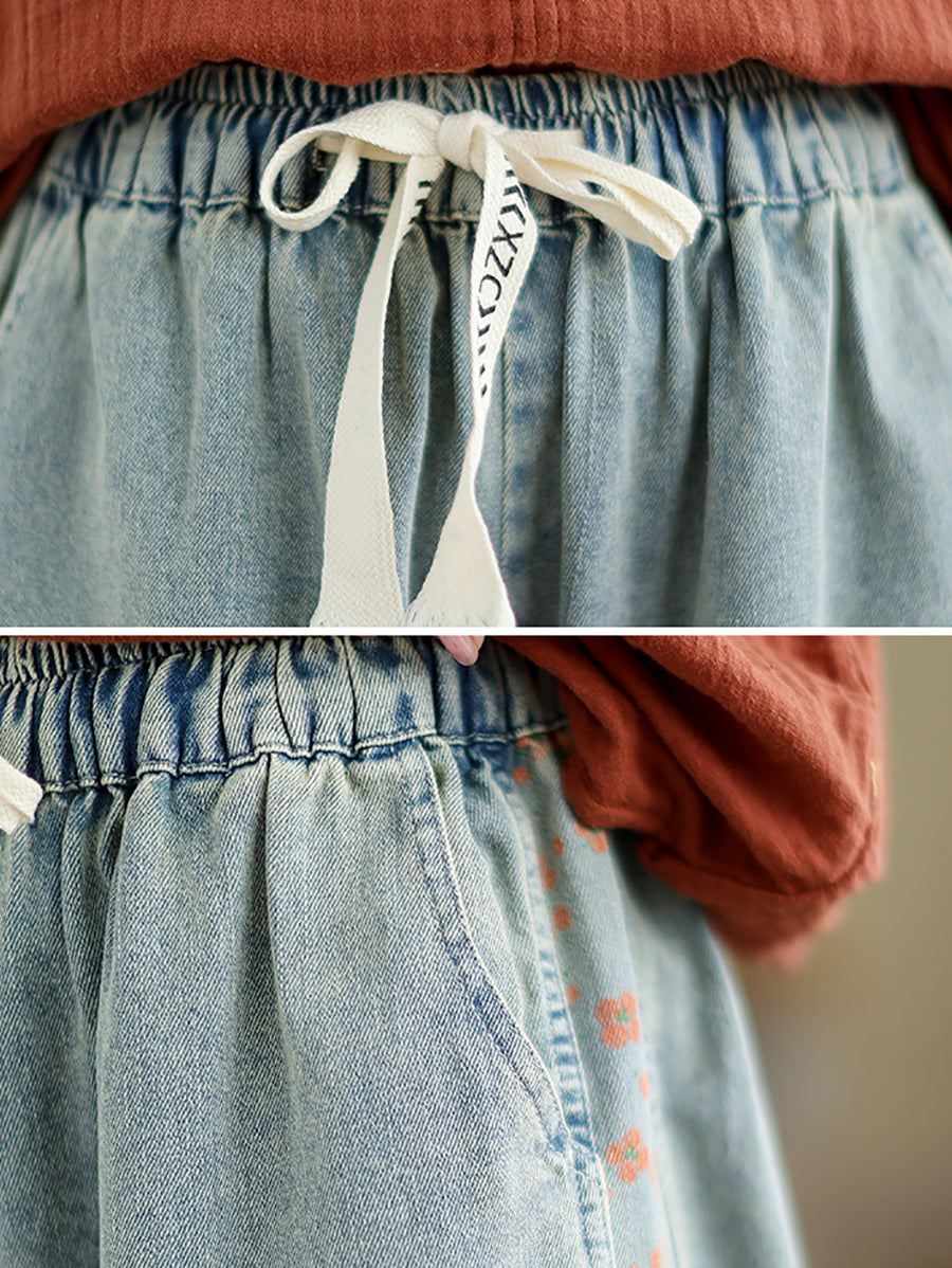 Summer Spliced Washed Denim Knee Length Pants Op1039