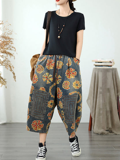 Straight Pants Retro Capri Flower Denim