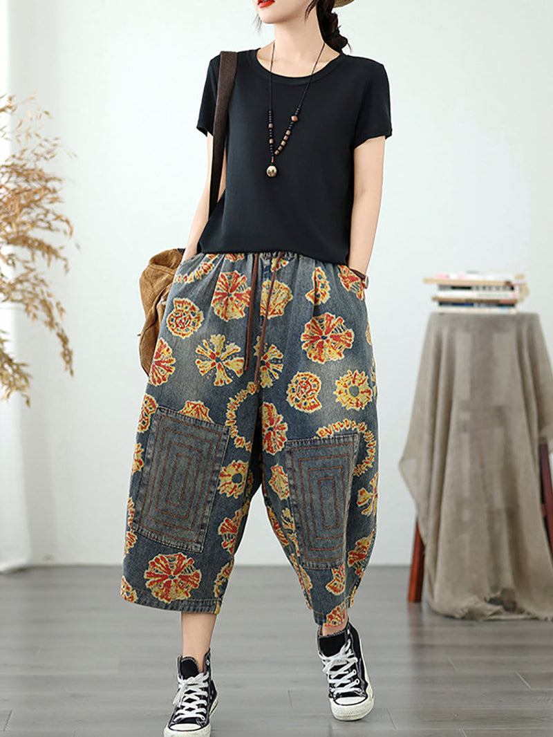 Straight Pants Retro Capri Flower Denim