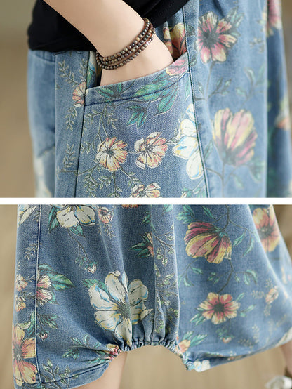 Summer Flower Spliced Denim Skirt Xx1027