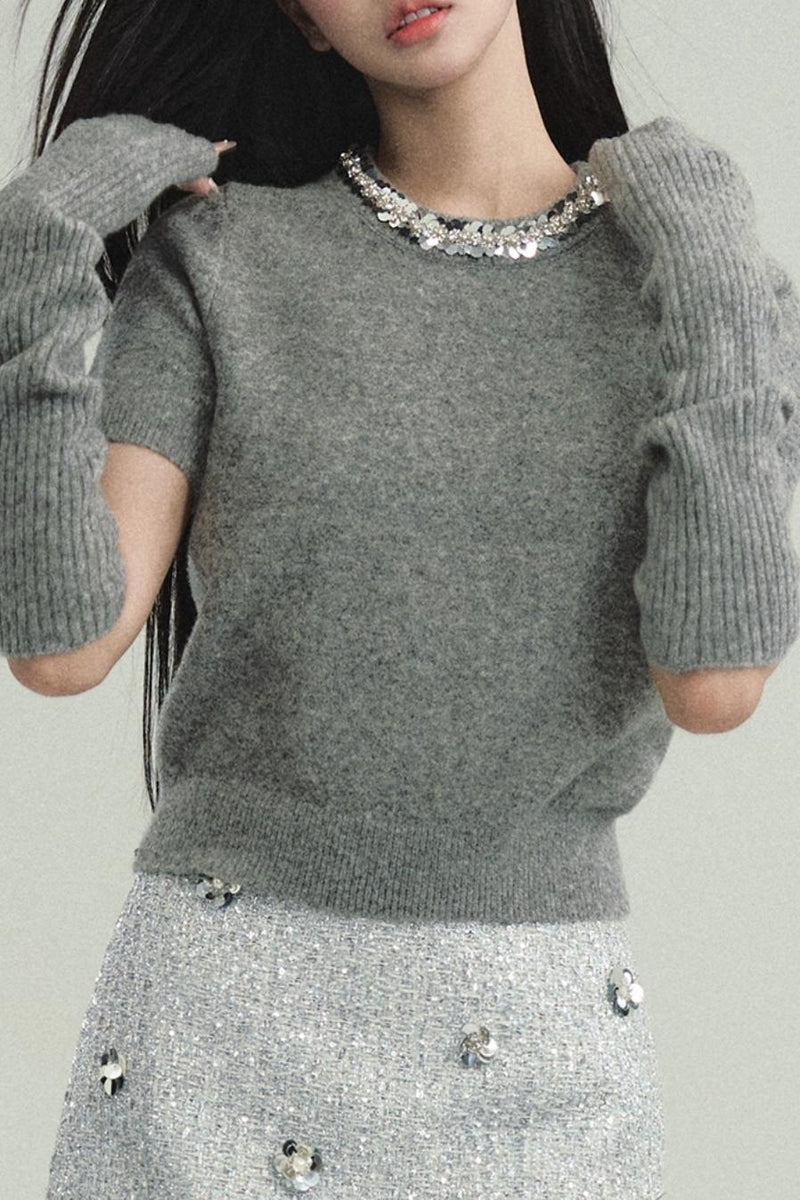 Layered Look: Pearl-trimmed Cropped Sweater With Detachable Arm Warmers