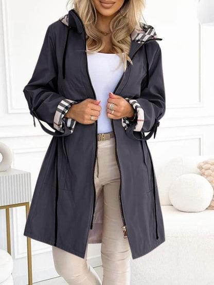 Hooded Zipper Drawstring Plaid Print Long Coat