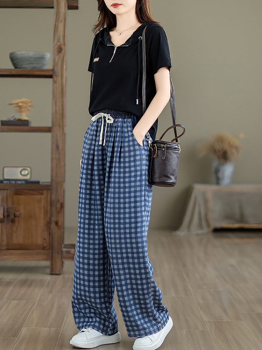 Summer Plaid Wide-leg Cotton Pants Op1028