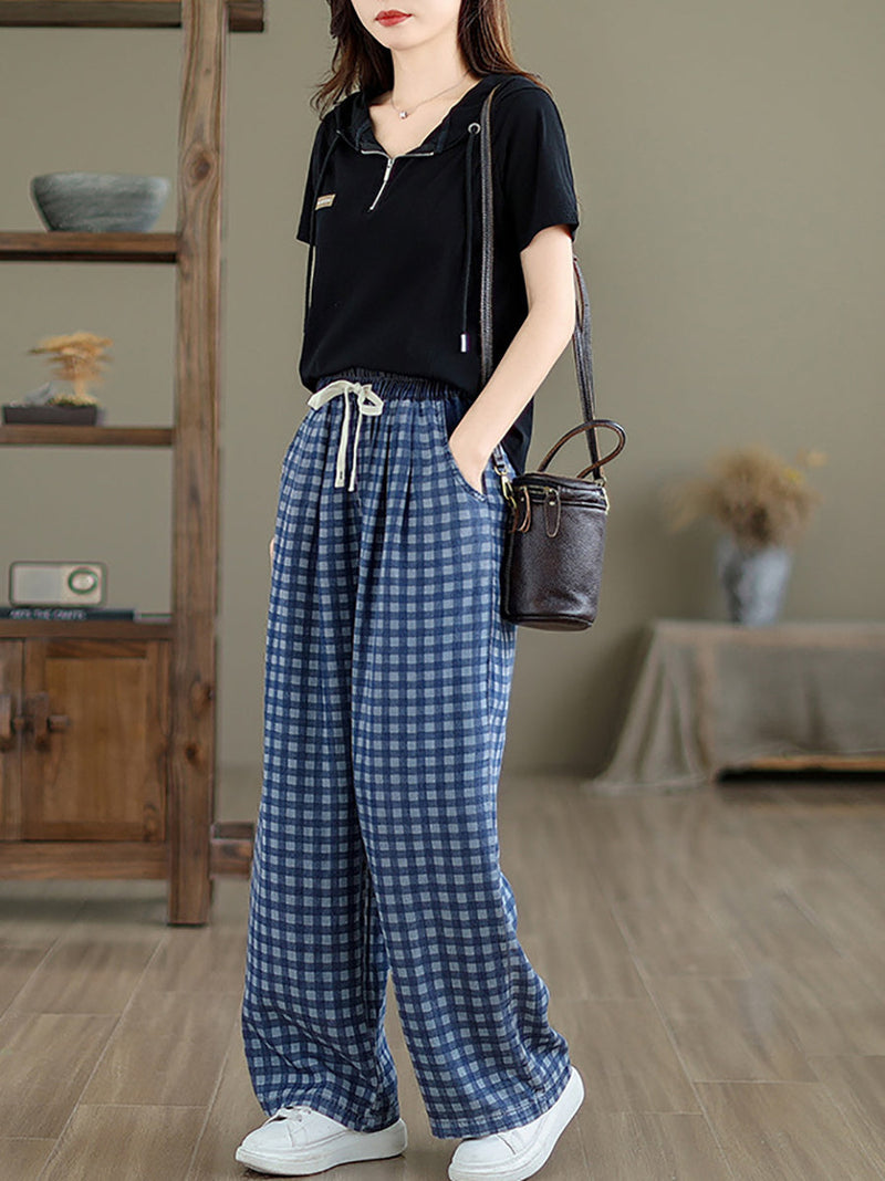 Summer Plaid Wide-leg Cotton Pants Op1028