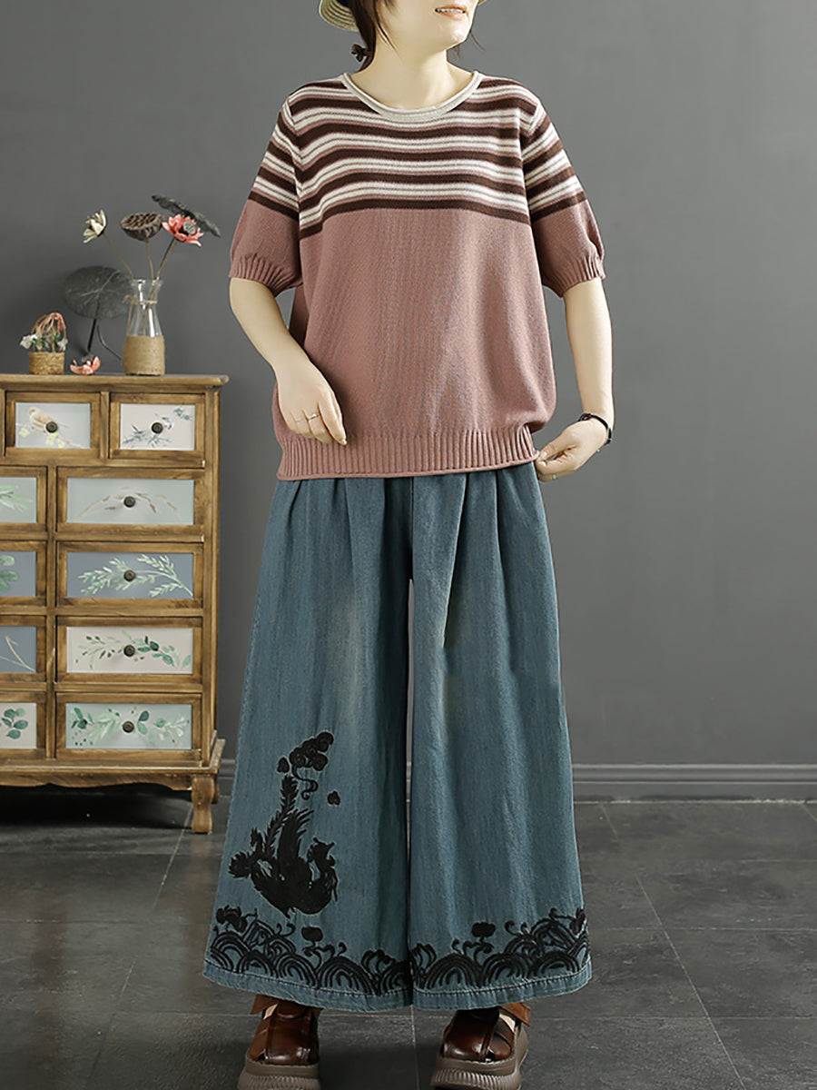Phoenix Embroidery Wide-leg Denim Pants Kl1009