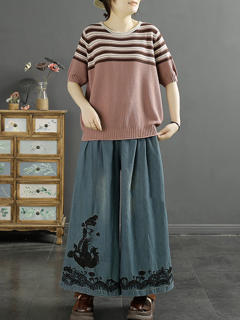 Phoenix Embroidery Wide-leg Denim Pants Kl1009