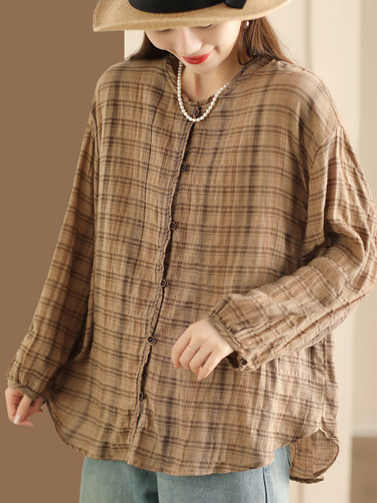 Spring Plaid Ramie Button Up Blouse Co1044