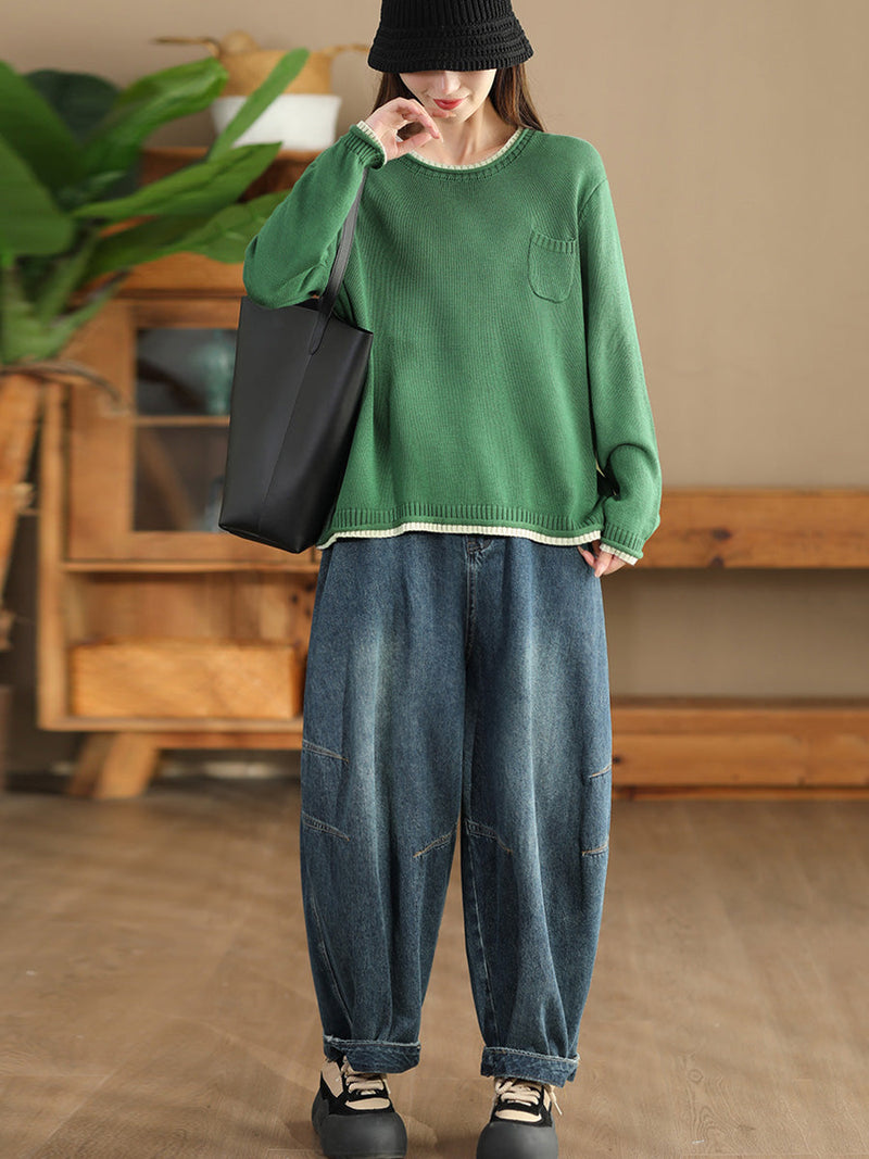 Autumn Colorblock O-neck Cotton Knit Blouse Ai1068