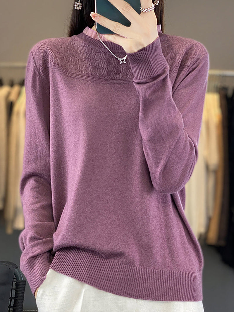 Autumn Lacework Neck 100%wool Loose Sweater Qm020