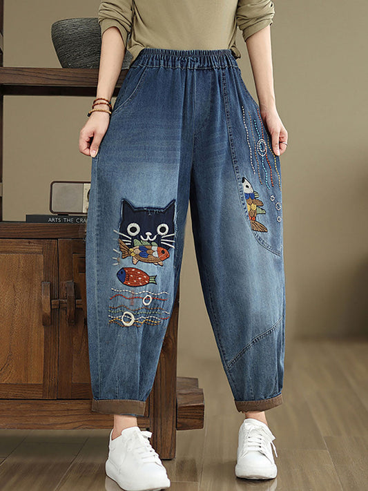 Autumn Cat Patch Spliced Denim Harem Pants Av1004