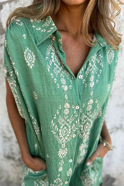 Linen Blend Unique Print Lapel Pocket Mini Dress