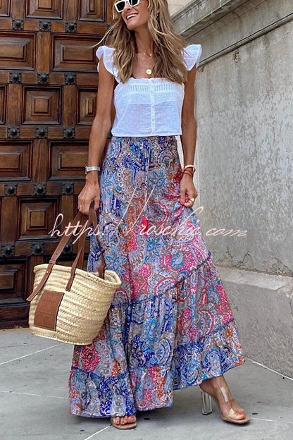 Audrina Print Elastic Waist Tassel Maxi Skirt