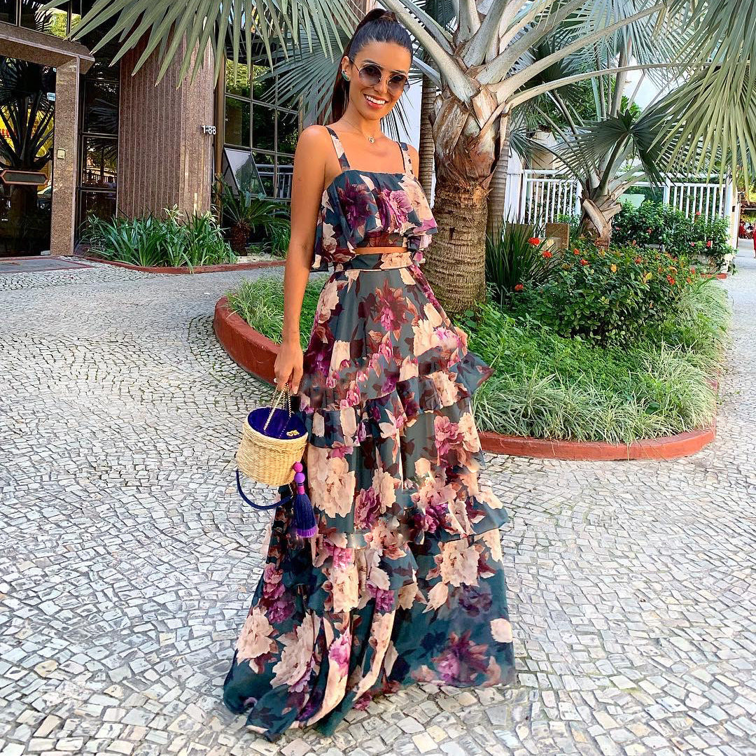 Clothing Two Piece Sling Printed Ruffled Large Swing Skirt