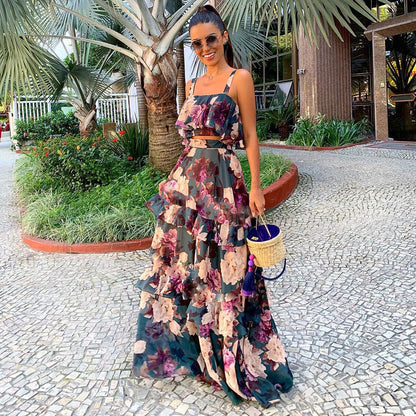 Clothing Two Piece Sling Printed Ruffled Large Swing Skirt