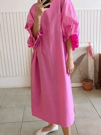 Causal Pleated Raglan Sleeve V-neck Midi Dress