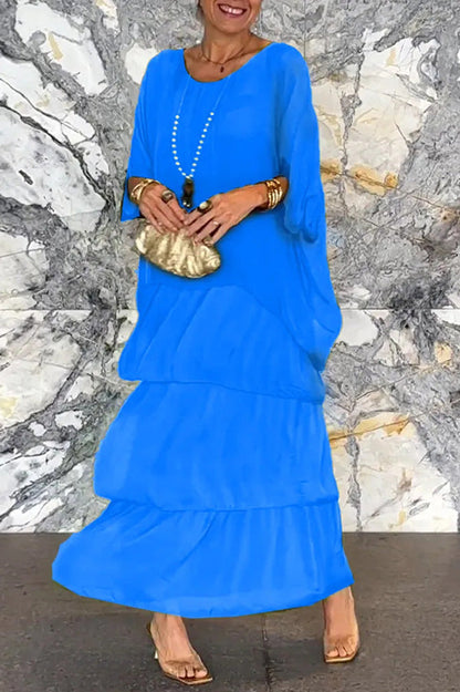 Color Crew Neck Loose Tiered Maxi Dress