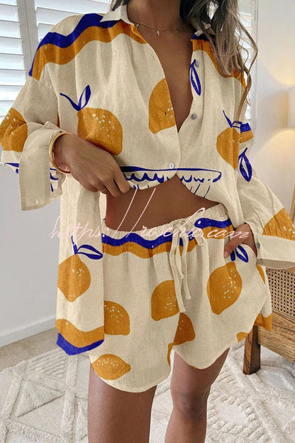 Lemon Print Button Up Lace Up Pocket Shorts Set
