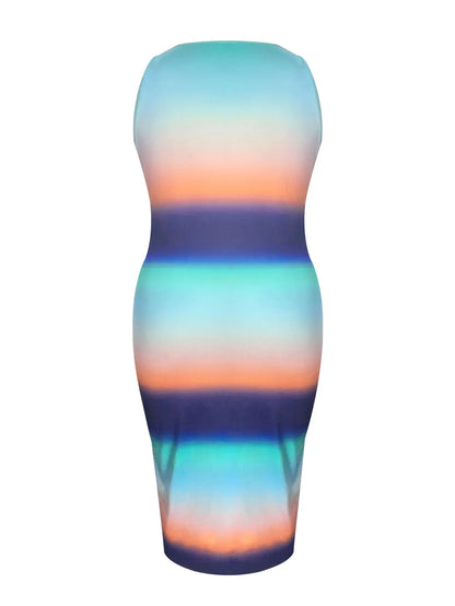 4xl 5xl Striped Gradient Bodycon Cami Dress Notch Neck Sleeveless Printing Midi Dress for