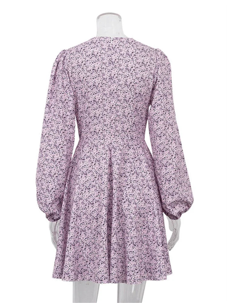 V-neck Printed Mini Dress for Summer Hollow Out Long Sleeve Dress Outfits Patchwork Slin Dress