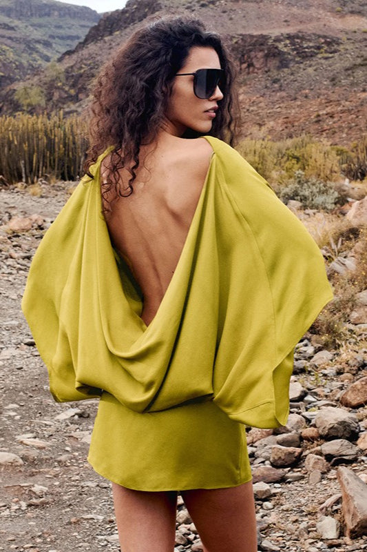 Back Deep V Cowl Neck Loose Mini Dress