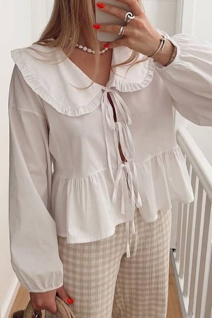 Color Lace-up Long Sleeve Cardigan Shirt