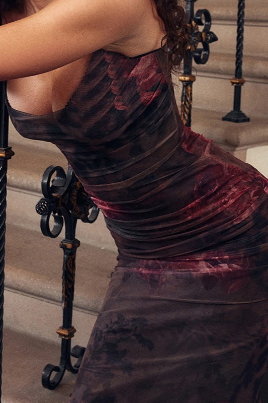 Spaghetti Strap Bodycon Retro Print Maxi Dress