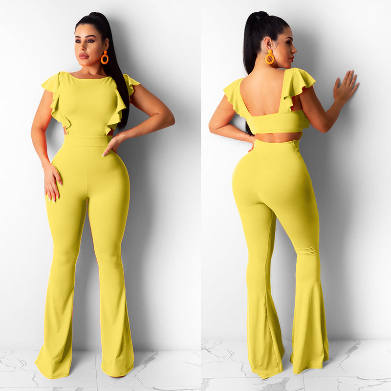 Clothing Clothing Flying Sleeves Color Wide Leg Flared Jumpsuit