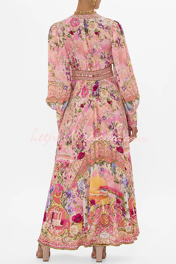 Fairy Tale Print V-neck Lantern Sleeve Waist Maxi Dress