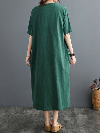 A-line Loose Chinese Frog Buttons Pockets Color Split-side V-neck Midi Dresses