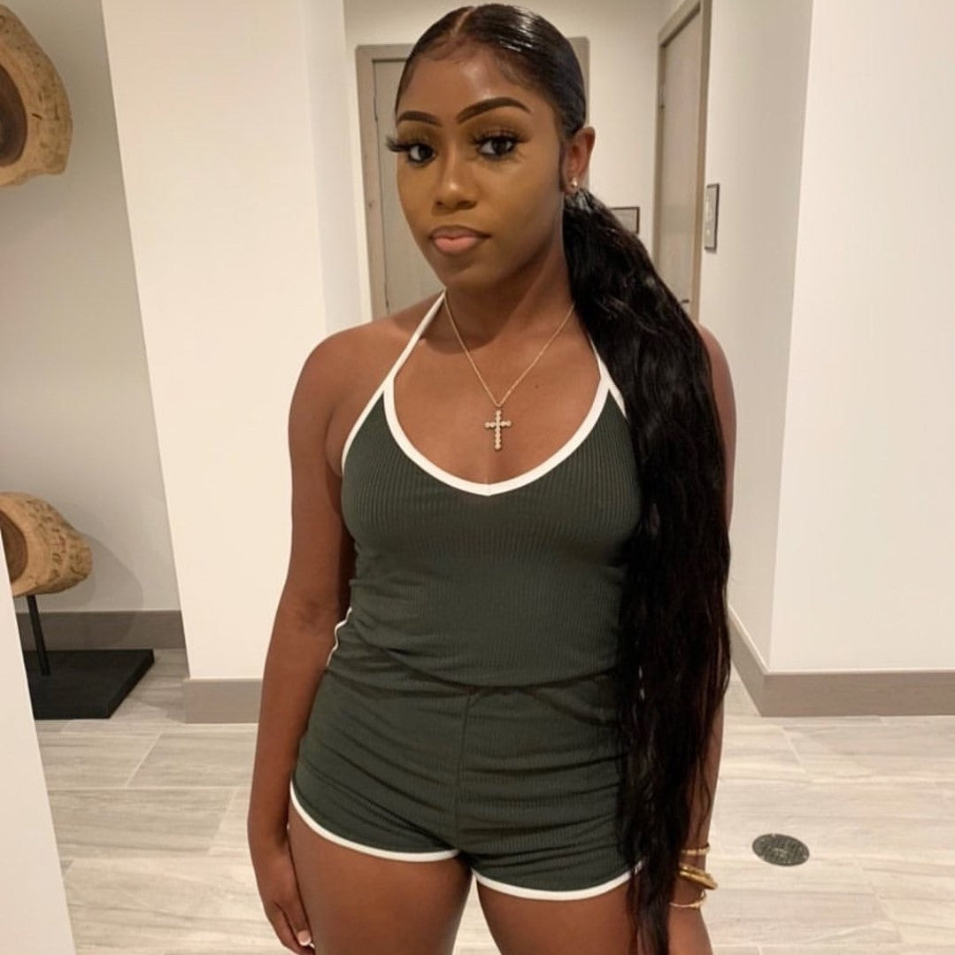 Summer Wear Color-contrasting Stripe Striped Slim-fit Lace Up Home Fitness Romper