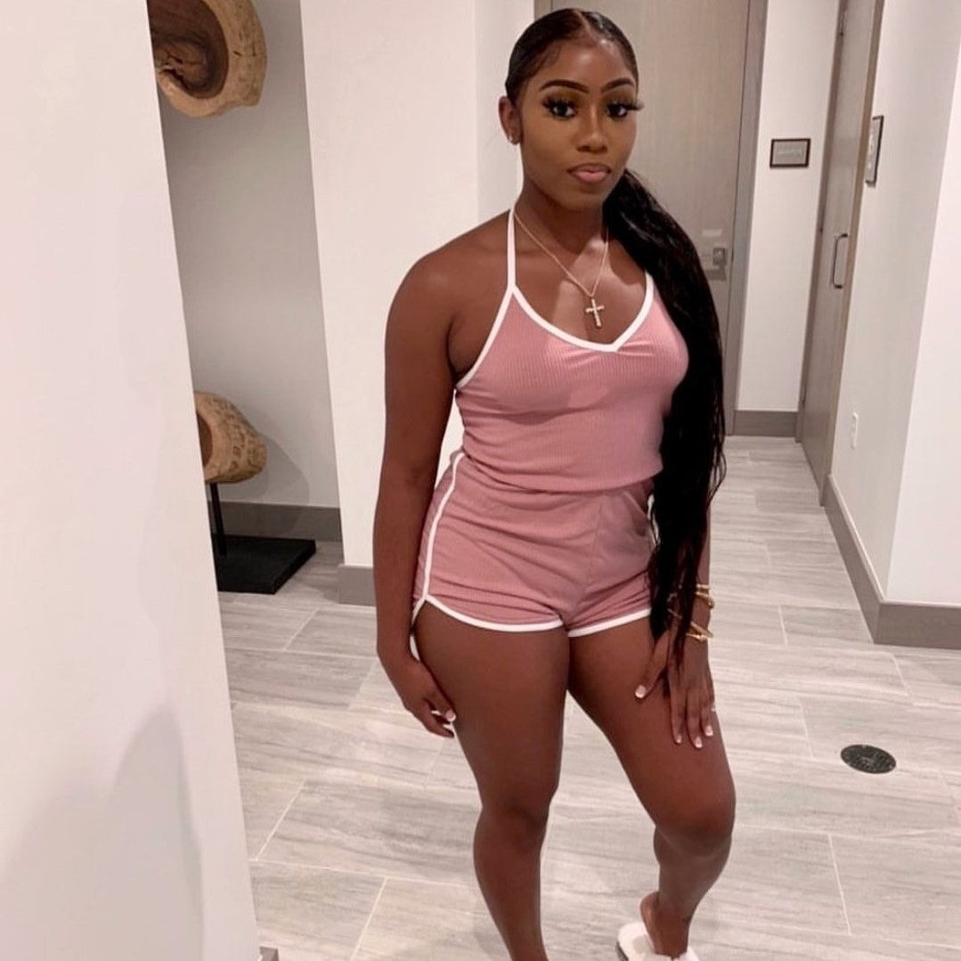 Summer Wear Color-contrasting Stripe Striped Slim-fit Lace Up Home Fitness Romper