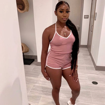 Summer Wear Color-contrasting Stripe Striped Slim-fit Lace Up Home Fitness Romper